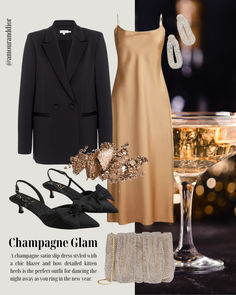 new years eve outfit, satin dress, slip dress, sophisticated style, party outfit, holiday party, what to wear, gold and black, champagne cocktails New Years Eve Outfit, Champagne Cocktails, Outfit Holiday, New Year's Eve Party, Eve Outfit, Dress Slip, Party Look, Style Party, Satin Dress