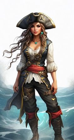 a woman dressed as a pirate standing in the ocean with her hands on her hips