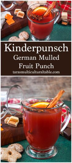 Kinderpunsch (German Mulled Fruit Punch) in a glass mug with an orange slice and cinnamon stick.