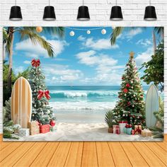 a beach scene with christmas trees and surfboards