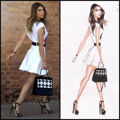 a woman in white dress holding a black and white handbag next to a drawing of a model