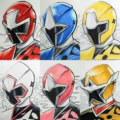 three different colored helmets are shown in this drawing