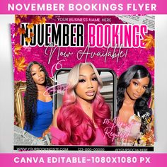 November Flyer: Get ready for fall bookings with our November Booking Flyer template! Perfect for salons, stylists, and beauty professionals, this editable flyer is designed to help you fill your calendar with ease. Customize it on Canva and share it across social media or print it out to attract new clients. Stay organized and stylish while boosting your business this November! *NOTE* This is a digital product. No physical item will be shipped. Digital download is delivered immediately after your checkout is complete. Print as many as you want, whenever you need it. 🖤 SIZE OF THE TEMPLATE ✔  1080 x 1080 px 🔥OFFER If you want the template in different sizes, we'll be glad to customize it for you, you can simply send us a message ('Message Seller' option is below the description). 𝗘𝗫𝗣? Nail Appointments Available, Thanksgiving Flyer, Lash Makeup, Booking Flyer, Social Media Flyer, Appointments Available, Canva Design, Lashes Makeup, Diy Hair