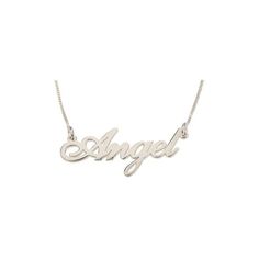 the name angel necklace is shown on a chain with an inscription that says angel in cursive font