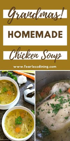 chicken soup in a bowl with carrots and parsley on the side next to it