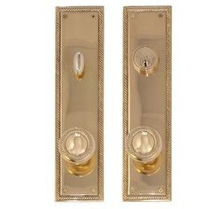 two golden door handles with knobs on each side