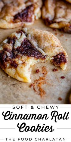 soft and chewy cinnamon roll cookies on a baking sheet with the words soft & chewy cinnamon roll cookies