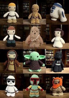 crocheted star wars amigurt toys are displayed in front of bookshelves