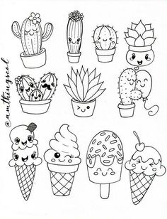 a drawing of different kinds of ice creams and cacti in potted plants