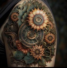 a woman's arm with a clock and flowers tattoo on the back of her shoulder