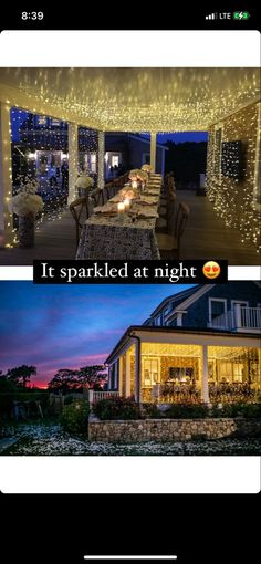 two pictures with lights on the outside and in the inside, one is an outdoor dining area