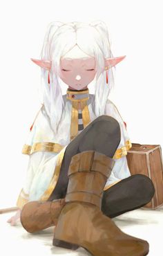 an anime character sitting on the ground with her legs crossed and wearing boots, holding a suitcase