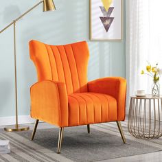 Altrobene Velvet Modern Couch Contemporary Channel Tufted Loveseat Comfy Barrel Curved Sofa with Gold Legs for Living Room, Bedroom, Office, Orange Orange Lounge, Orange Accent Chair, Accent Chair With Ottoman, Comfy Reading Chair, Armchair With Ottoman, Tufted Design, Chair With Ottoman