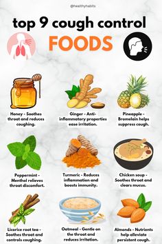 Foods like honey, ginger, pineapple, peppermint, turmeric, chicken soup, licorice root tea, oatmeal, and almonds help soothe the throat, reduce inflammation, clear mucus, and naturally suppress coughing while boosting overall immunity. Turmeric Chicken Soup, Clear Mucus, Ginger Pineapple, Licorice Root Tea, Turmeric Chicken, Persistent Cough, Honey Ginger, Nutrition Bars, Nutrition Guide