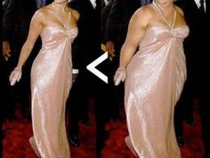 two pictures of a woman in a pink dress walking down a red carpeted area