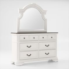 a white dresser with a mirror on top of it and drawers in front of it