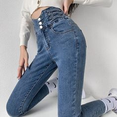 Vintage High Waist Buttons Stretch Denim Pants Material: 73% Cotton, 24% Polyester, 3% Spandex  Elasticity Index: High Elasticity Womens White Jeans, Mom Pants, Best Jeans For Women, Stretch Denim Pants, Black Jeans Women, Jeans Mom, Best Jeans, Denim Trousers, High Waisted Denim