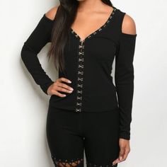 Hooked Up In This Cute And Very Sexy Long Sleeve With Cold Shoulder Cut Out Top Small Bust 33-35 Waist 25-26 Hips 35-36 Medium Bust 36-38 Waist 27-28 Hips 37-39 Large Bust 39-41 Waist 29-32 Hips 39-42 Fabric Content: 96% Polyester 4% Spandex Description: L: 22" B: 30" W: 26" Model Wears Size Small Edgy Tops For Going Out, Cut Out Top, Shoulder Cut, Cold Shoulder Top, Large Bust, Small Bust, Cold Shoulder, Shoulder Top, Long Sleeve Tees