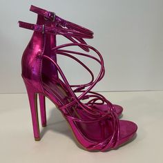 Pink Metallic Strappy Heels Size 6 1/2 Brand New Never Worn 4” Heel Glamorous Pink Strappy Heels, Pink Strappy Heels For Night Out, Purple Strappy Evening Heels, Pink Strappy Heels For Formal Occasions, Elegant Purple Strappy Heels, Pink Metallic Heels, Metallic Heels, Pink Metallic, Strappy Heels