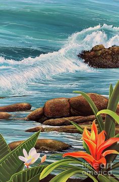 an oil painting of flowers and rocks by the ocean with waves coming in from behind them