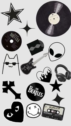 an assortment of stickers and decals on a white background, including vinyl records