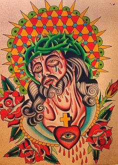 an old school tattoo design with a man's face covered in blood and flowers