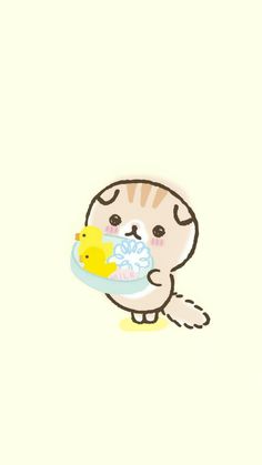 a cat holding a bowl with a rubber ducky in it's paws and eating food