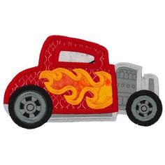 a red truck with flames on the side is shown in front of a white background