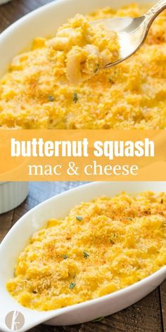 butternut squash mac and cheese in a white casserole dish with a spoon