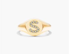 14K Yellow Gold Diamond S Initial Signet Ring. This timeless ring will dazzle all who see it. Perfect for any age and occasion, this ring makes the perfect individualized gift! Alphabet G, Old English Alphabet, S Initial, Timeless Ring, Jewelry Photoshoot, English Alphabet, Jewelry Rings Diamond, Ring Fit, Rose Gold Diamonds