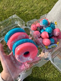 a person holding a plastic container filled with doughnuts and sprinkles