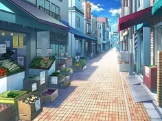 an anime street scene with buildings and vegetables