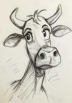 a drawing of a cow's face with big eyes and horns, drawn in pencil