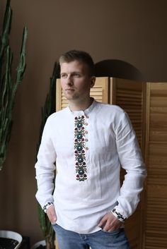 Men's Traditional Ukrainian Linen Vyshyvanka Shirt - Etsy White On White Embroidery, Fashion Mask, White On White, Blue Embroidery, How To Iron Clothes, Shirt Embroidery, Ethnic Patterns, Wooden Buttons, Pattern White