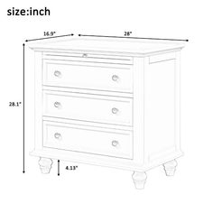 an image of a white chest of drawers with measurements for each drawer and the width