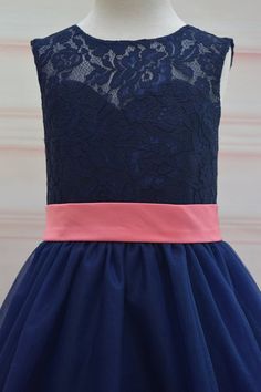 Navy blue lace tulle flower girl dress, Bridesmaid, Birthday, Wedding, Holiday, Party, Rustic wedding dress. Sash and detectable bow in coral.  The satin bow sash can be added in any color to match your wedding theme, so please message if you would like it a custom length or color.please Note: Actual color may vary from the color on your screen due to monitor color restrictions. Custom made, custom color, custom size are welcome. Navy Blue And Coral Wedding Dresses, Navy Jr Bridesmaid Dresses, Jr Bridesmaid Dresses Navy Blue, Navy Blue Dress For Toddler, Flower Girl Dress Pattern, Flower Girl Dresses Navy, Bow Sash, Girls Long Dresses, Navy Lace Dress