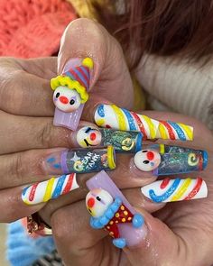 Piñata Nails, Clown Face Nails, Cute Clown Nails, Pink Clown Nails, Art The Clown Nails, Clown Nails Acrylic, Silly Nail Art, Puffy Nails, Clown Nails Designs