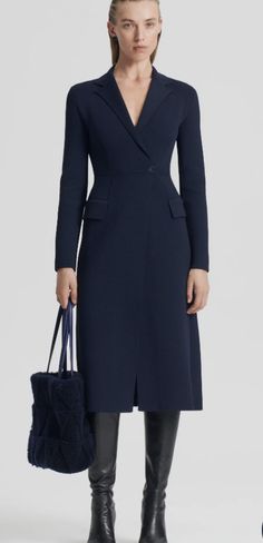 CREPE KNIT TAILORED COAT NAVY $900 - Scanlan Theodore Scanlan Theodore, Tailored Coat, Pocket Detail, Price Match, Timeless Beauty, Design Crafts, Work Outfit, Knee Length, Work Wear