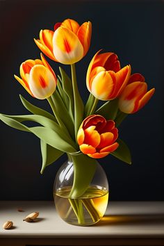 a vase filled with lots of orange and yellow flowers