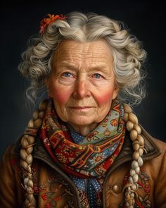 an old woman with white hair and braids wearing a brown jacket, red scarf and blue eyes