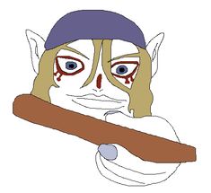 a cartoon character holding a baseball bat with blood on his face and eyeballs in the mouth