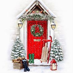 a painting of a red door with christmas decorations and presents in front of it, surrounded by snow