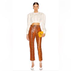 Energize Your Wardrobe With Grlfrnd's Snake-Effect Shiloh Pants. Grlfrnd Shiloh Snake-Effect Leather Pants Are A Stunner!! Pair This With Your Favorite Band Tee Or Dress It Up With A Blazer! These Are Perfect For Coachella Or Burning Man- Any Fun Festival, These Are The Pants! These Are Size 27 And Brand New With Tags! Material 100% Leather Snakeskin Embossed Leather Fabric 16" At The Knee Narrows To 14" At The Leg Opening B29 Chic Orange Pants For Night Out, Cropped Pants For Fall Night Out, Snake Print Pants, Orange Leather, Band Tees, Snake Print, Leather Fabric, Orange Black, Leather Pants