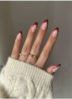 Red Christmas Nails With Pearls, Pearl Nails Christmas, Red Pearly Nails, French Nail Designs Christmas, Christmas Almond French Tip Nails, Red Christmas Nails Winter French Tips, Winter Pearl Nails, Christmas Color Nail Ideas, Red Nail Almond Shape