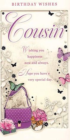 a birthday card with a purse and flowers on it's side, in purple