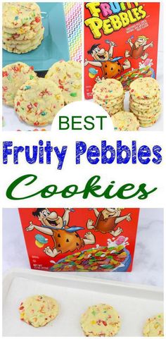 the best fruity pebbles cookies recipe is shown in this collage with text overlay