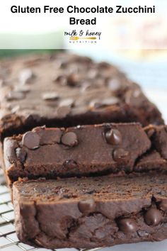 gluten free chocolate zucchini bread on a cooling rack with text overlay