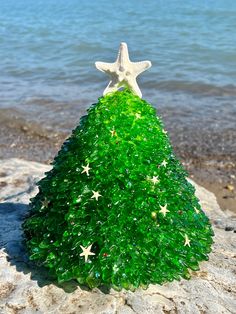 a green christmas tree sitting on top of a rock next to the ocean with a starfish