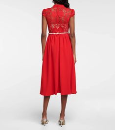 Lace Trimmed Crepe Midi Dress in Red - Self Portrait | Mytheresa A-line Midi Dress For Wedding Guest, Glamorous Chiffon Dress For Gala, Formal Chiffon Midi Length Dresses, Elegant Chiffon Dress For Formal Occasions, Glamorous A-line Midi Dress, Fitted A-line Crepe Midi Dress, Chic A-line Midi Dress With Lace Trim, Chic Embellished Dress For Wedding Guests, Spring A-line Crepe Dress