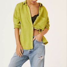 New With Tags Women's Size Xs Pilcro By Anthropologie Cozy, Stylish And Trendy Oversized Lime Green Ribbed Viscose, High Lo Button-Up Shirt/Shacket In Beautiful Vibrant Lime Green Color. -Material: Viscose -Hi Lo Hem -Button Closure -Chest Pocket .Bin 18 Green Plaid Button Up Shirt Outfit, Chartreuse Shirt Outfit, Green Everyday Shirt With Buttons, Everyday Green Long Sleeve Shirt, Green Long Sleeve Shirt For Everyday, Green Shirt With Pockets For Day Out, Green Button-up Tops For Daywear, Trendy Green Everyday Shirt, Relaxed Button-up Shirt For Fall